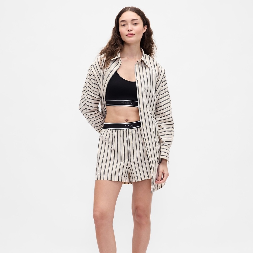 Gap × BÉIS Poplin Dolman Big Shirt Boxer Shorts Set Khaki tan & black stripe - Picture 2 of 15